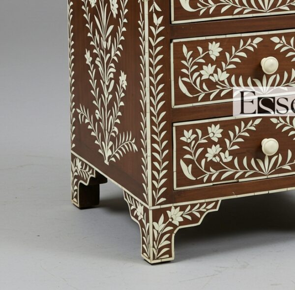Handmade Brown Floral Inlay Nightstand - 3Drawer - Image 4