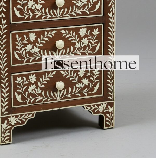 Handmade Brown Floral Inlay Nightstand - 3Drawer - Image 5