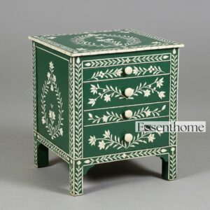 Handmade Green Bone Inlay Nightstand Floral Pattern - 3 Drawer