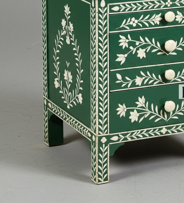 Handmade Green Bone Inlay Nightstand Floral Pattern - 3 Drawer - Image 4