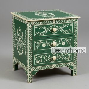 Handmade Bone Inlay Bedside Table Green Floral - Pattern 3 Drawer