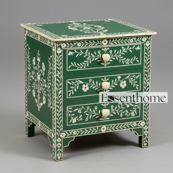 Handmade Bone Inlay Bedside Table Green Floral - Pattern 3 Drawer
