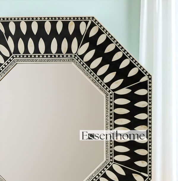 Handmade Bone Inlay Wall Mirror Octagon Black White Teardrop Design 30"x30" - Image 3