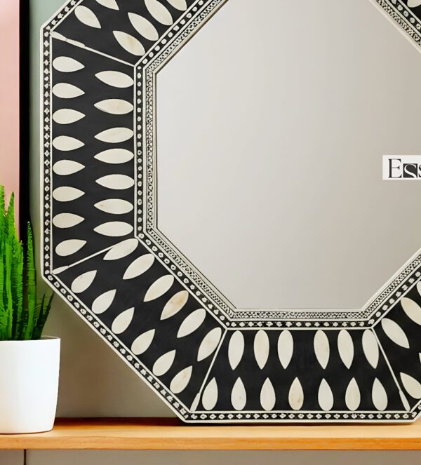 Handmade Bone Inlay Wall Mirror Octagon Black White Teardrop Design 30"x30" - Image 5