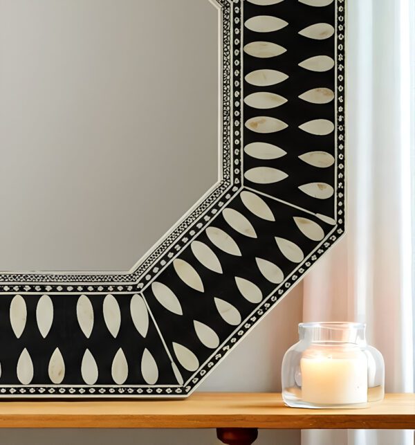 Handmade Bone Inlay Wall Mirror Octagon Black White Teardrop Design 30"x30" - Image 2
