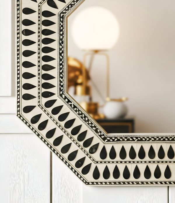 Handmade Octagonal Bone inlay mirror- Black & White - Image 2