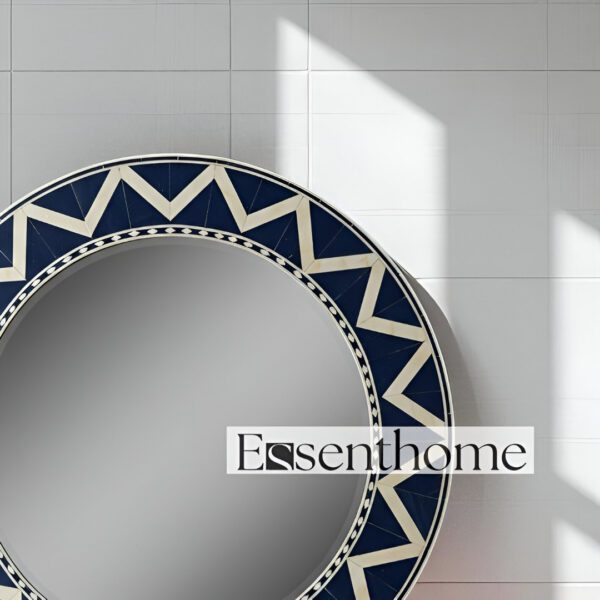 Handmade Round Inlay Mirror- Navy Blue Geometric Design - Image 4