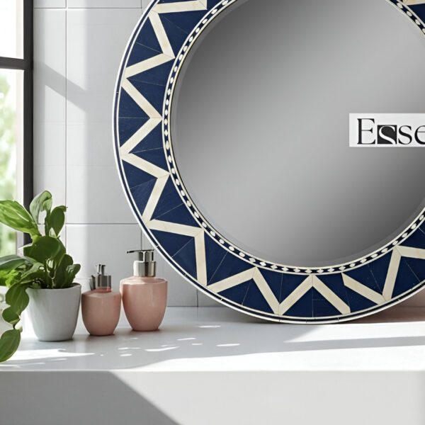 Handmade Round Inlay Mirror- Navy Blue Geometric Design - Image 2