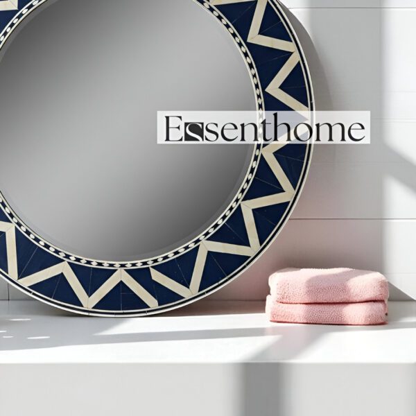 Handmade Round Inlay Mirror- Navy Blue Geometric Design - Image 3