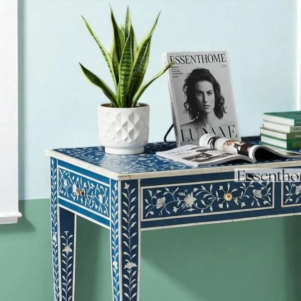 Bone inlay console table - Deep Blue & White - Image 5