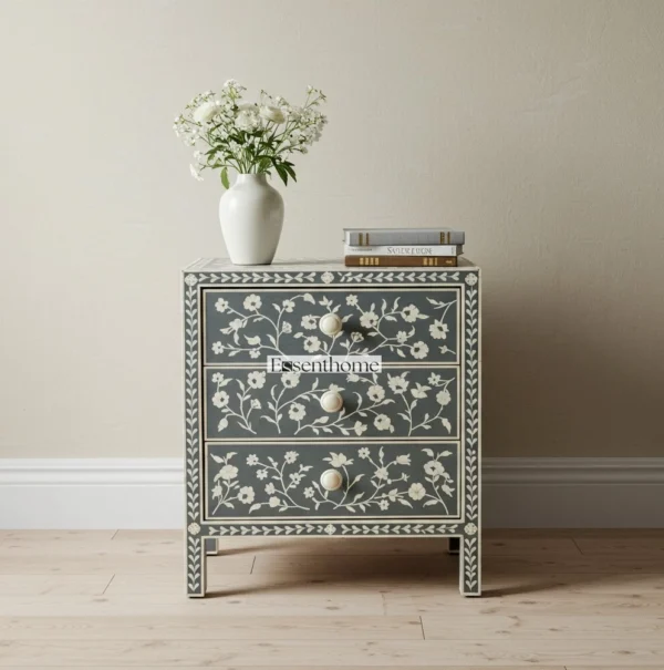 Handmade Bone Inlay Nightstand with Drawers
