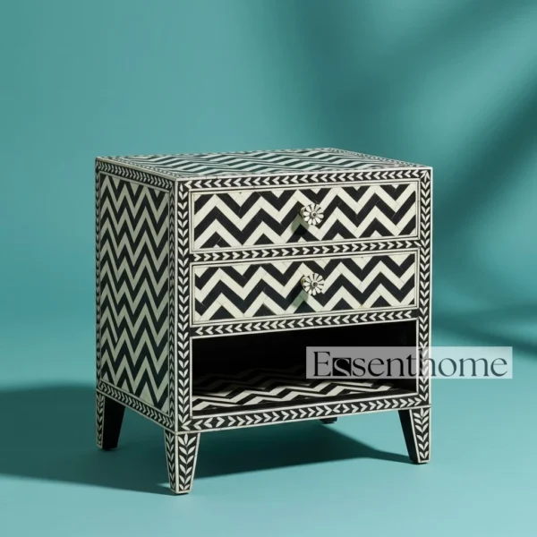 Bone Inlay Luxury Nightstand - Black & White