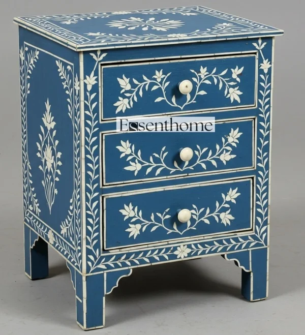 Handmade Floral inlay nightstand - Blue Floral Pattern 3 Drawer