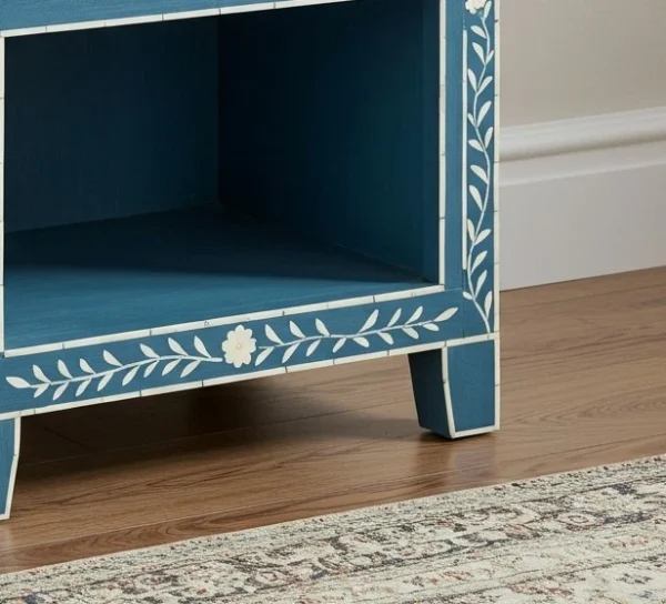 Floral Bone Inlay Nightstand Bedside Table – Blue & White - Image 2