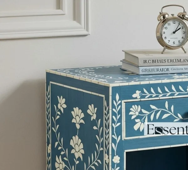 Floral Bone Inlay Nightstand Bedside Table – Blue & White - Image 3