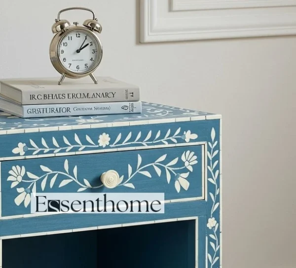 Floral Bone Inlay Nightstand Bedside Table – Blue & White - Image 4