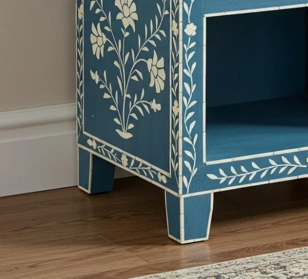 Floral Bone Inlay Nightstand Bedside Table – Blue & White - Image 5