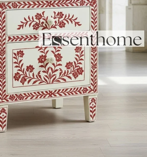 White Bone Inlay Bedside – Floral 2 Drawer - Image 2