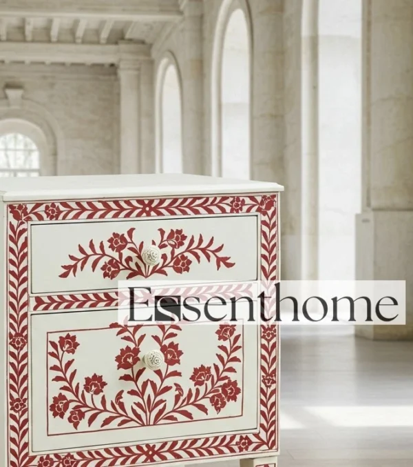 White Bone Inlay Bedside – Floral 2 Drawer - Image 4