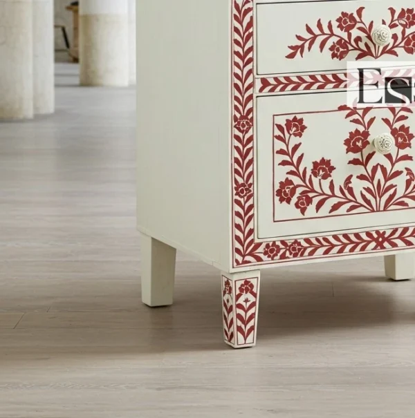 White Bone Inlay Bedside – Floral 2 Drawer - Image 3