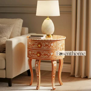 Round Bone Inlay End Table – Floral Design, 2 Storage Drawers Orange