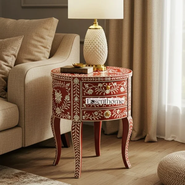 Handmade inlay end table - Red Floral Round 2 Drawer