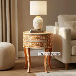 Handmade Bone Accent Table - Orange Floral Round 2 Drawe
