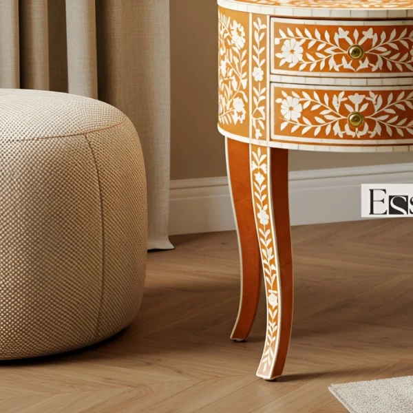 Handmade Bone Accent Table - Orange Floral Round 2 Drawe - Image 2