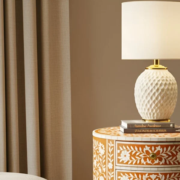 Handmade Bone Accent Table - Orange Floral Round 2 Drawe - Image 3