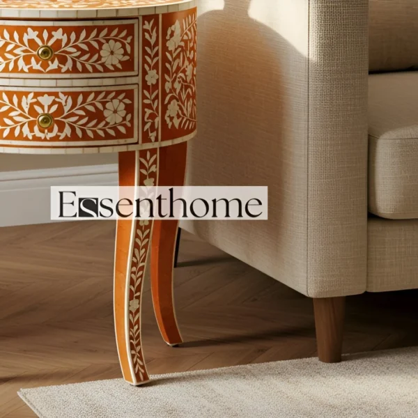 Handmade Bone Accent Table - Orange Floral Round 2 Drawe - Image 4