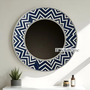 Handmade Round blue bone inlay mirror - Chevron Pattern