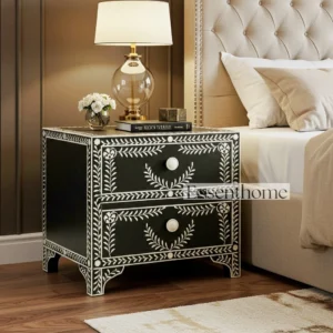 Handmade Black and White Bone Inlay Bedside Table featuring intricate floral pattern, Indian nightstand design, with bone knob handles and elegant craftsmanship.