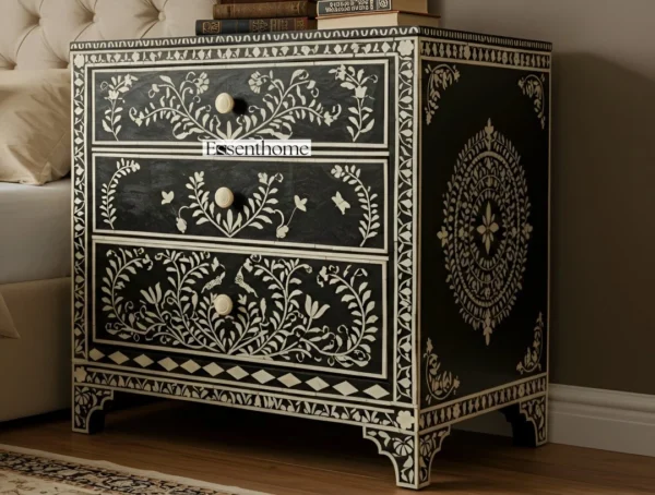 Handmade Floral Bone Inlay Nightstand - 3 Drawer