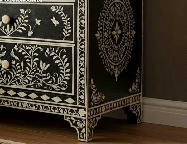 Handmade Floral Bone Inlay Nightstand - 3 Drawer - Image 2