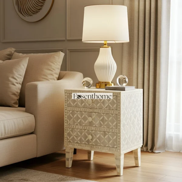 Handmade Cream Bone nightstand for bedroom - 3 Drawer
