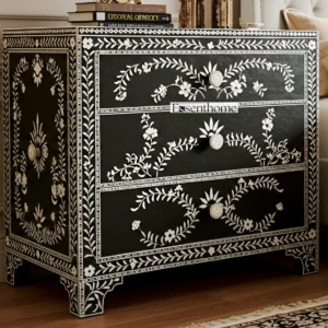 Handmade Bone Inlay Black white nightstand - 3 Drawer Indian Art