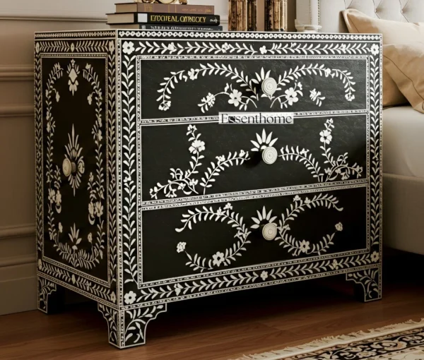 Handmade Bone Inlay Black white nightstand - 3 Drawer Indian Art
