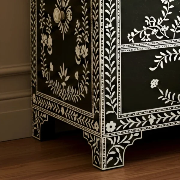 Handmade Bone Inlay Black white nightstand - 3 Drawer Indian Art - Image 3