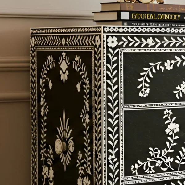 Handmade Bone Inlay Black white nightstand - 3 Drawer Indian Art - Image 4