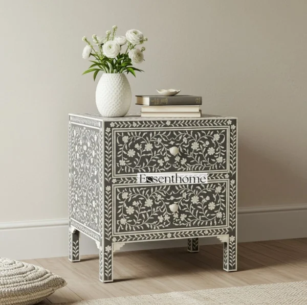 Handmade Bone Accent inlay nightstand Floral 2-Drawer