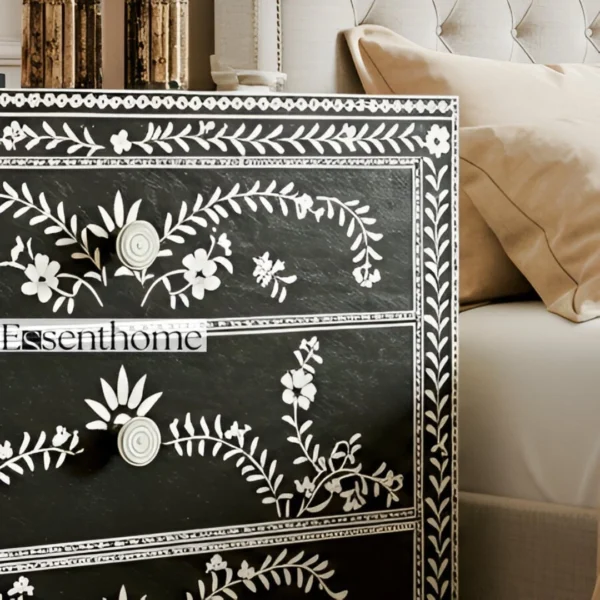 Handmade Bone Inlay Black white nightstand - 3 Drawer Indian Art - Image 5