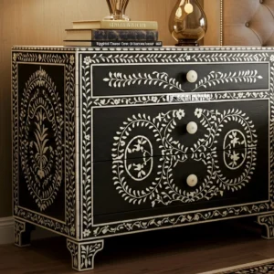 Handmade Black and White Indian bone nightstand - 3 Drawer