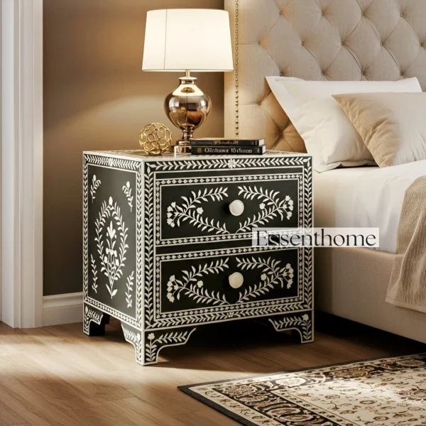 Handmade Bone inlay nightstand - 2 Drawer (Black and White)