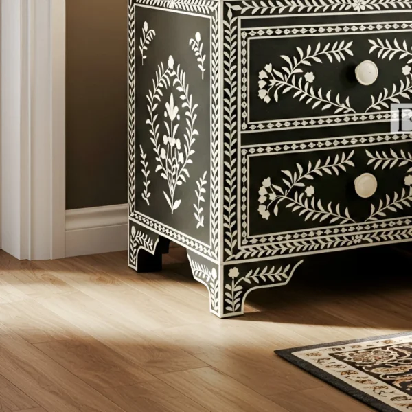 Handmade Bone inlay nightstand - 2 Drawer (Black and White) - Image 3