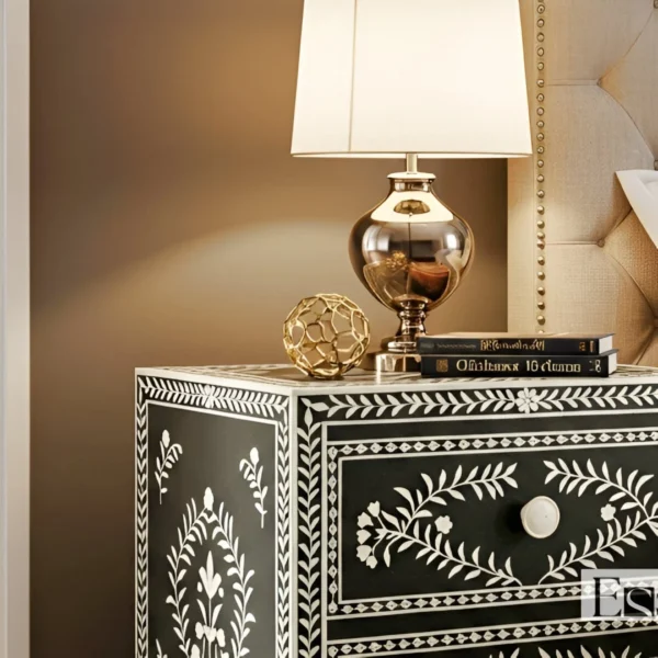 Handmade Bone inlay nightstand - 2 Drawer (Black and White) - Image 4
