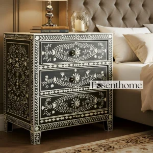 Bone Inlay Floral 3 Drawer Nightstand- Black