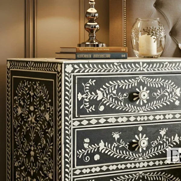 Bone Inlay Floral 3 Drawer Nightstand- Black - Image 2