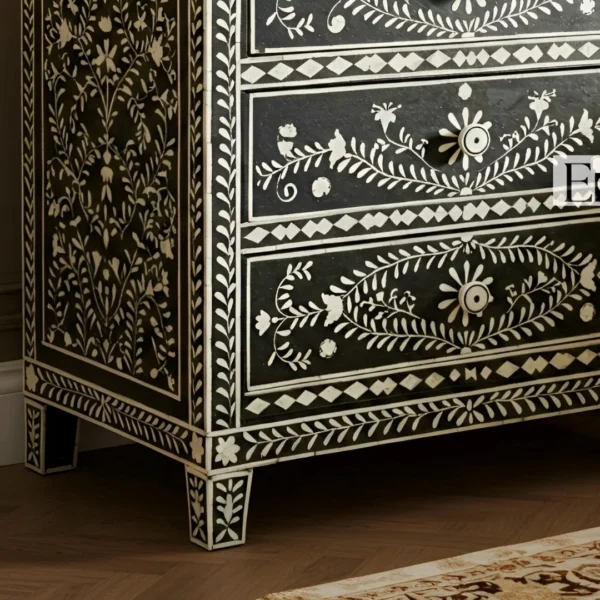 Bone Inlay Floral 3 Drawer Nightstand- Black - Image 3