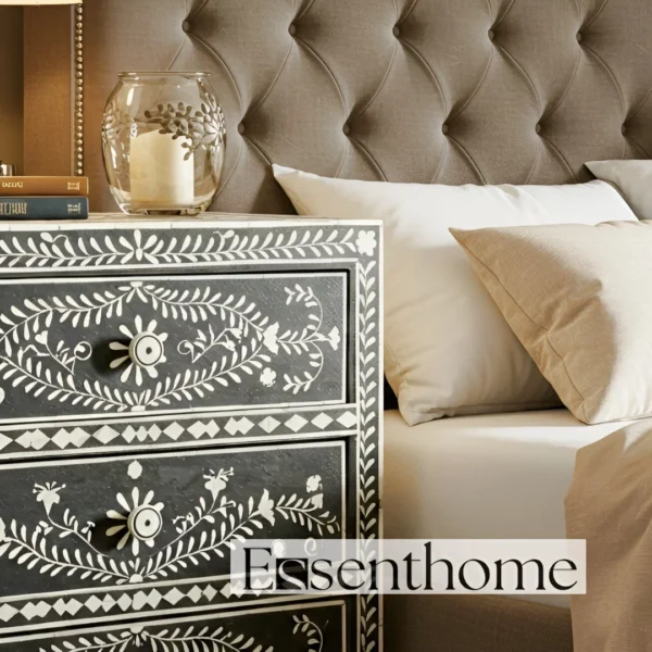 Bone Inlay Floral 3 Drawer Nightstand- Black - Image 4