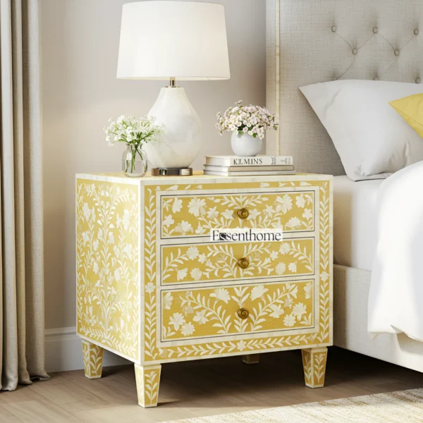 Bone Inlay Nightstand with Floral Design – 2 Drawer